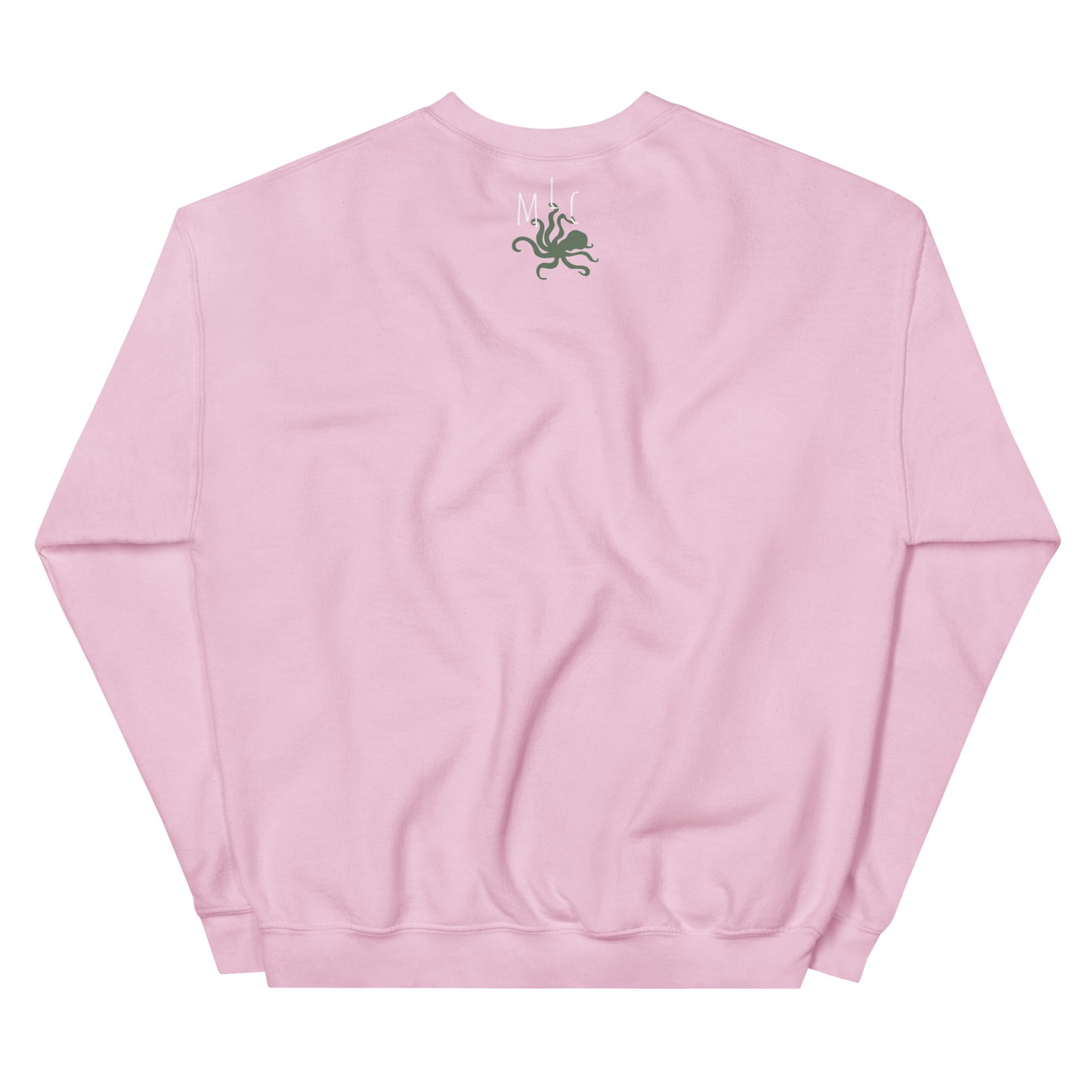Pink sweatshirt with a small green graphic of the mama love crafts logo on the back against a white background