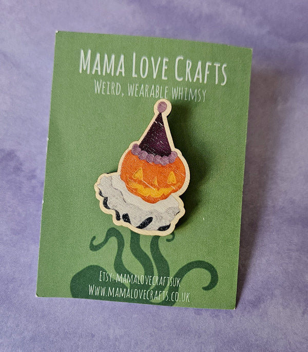 Wooden Pin Badge - Pumpkin Clown