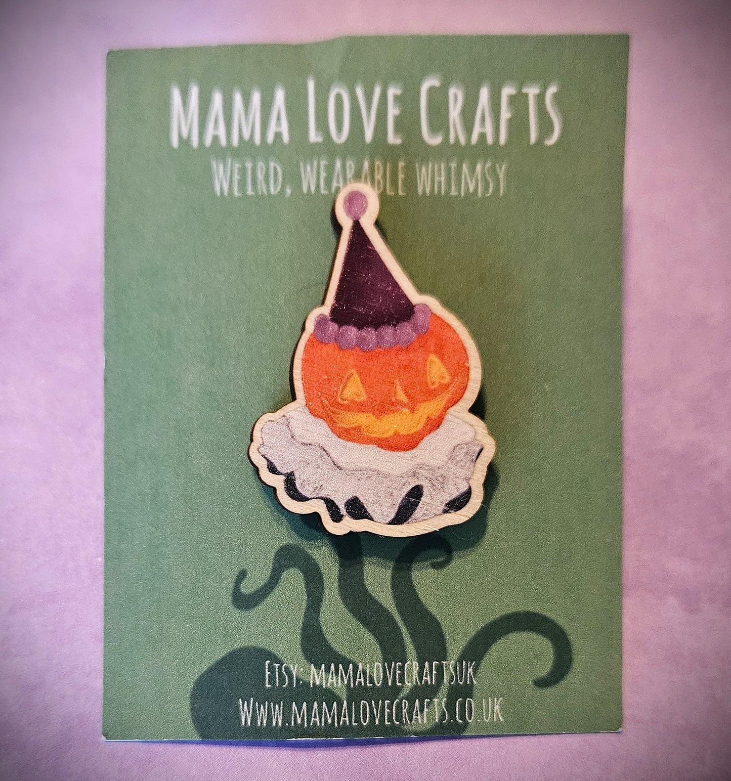 Wooden Pin Badge - Pumpkin Clown