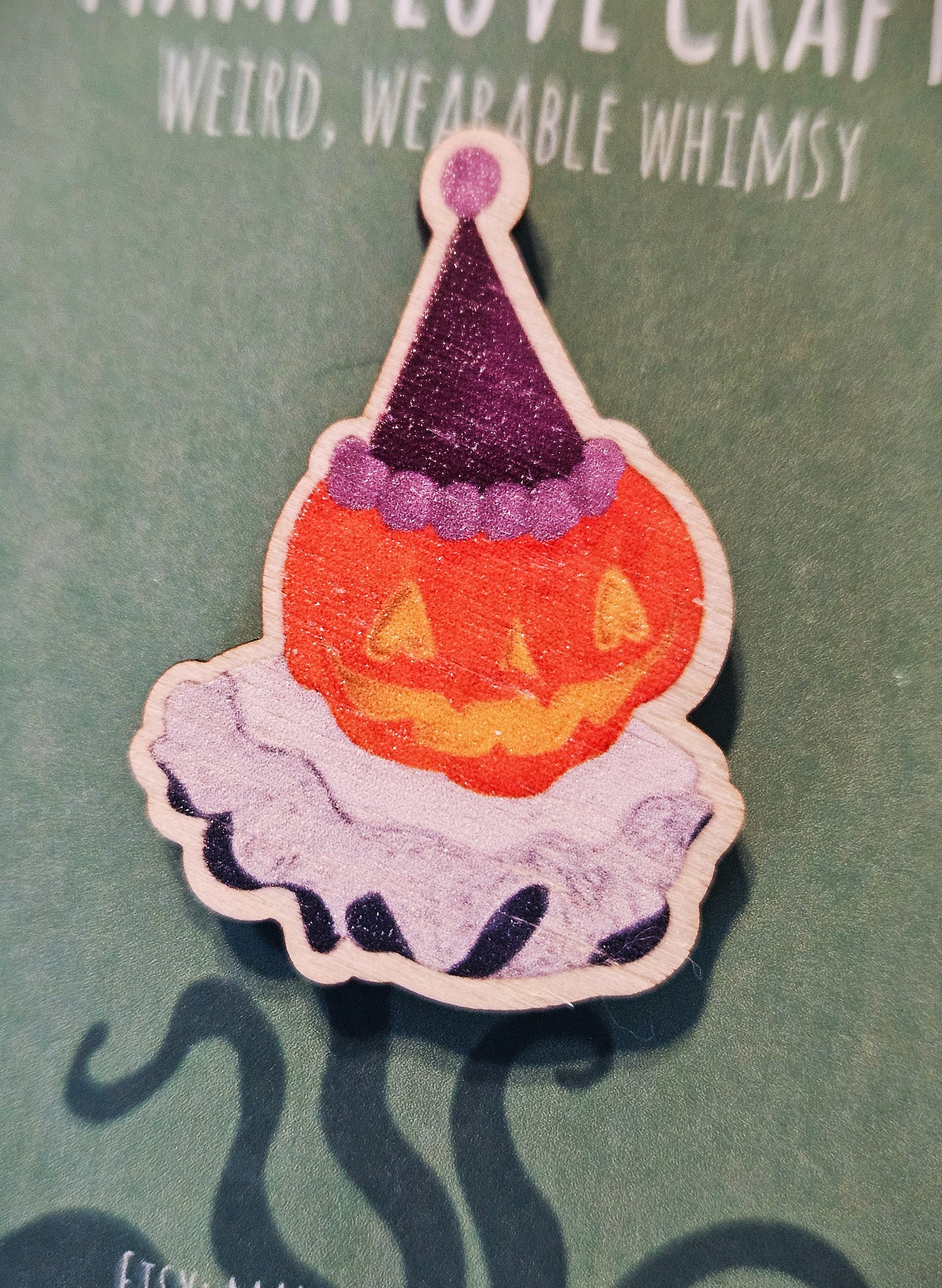 Wooden Pin Badge - Pumpkin Clown