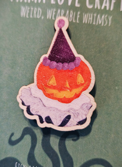 Wooden Pin Badge - Pumpkin Clown