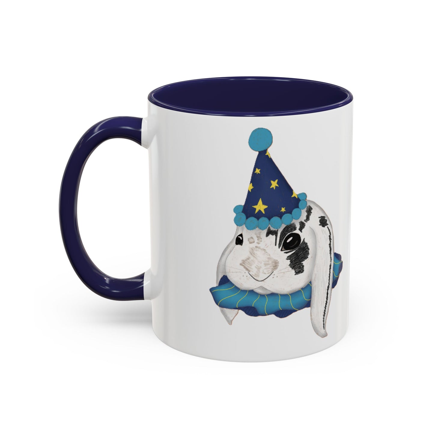 Mug with a rabbit wearing a pointed hat design on a white background