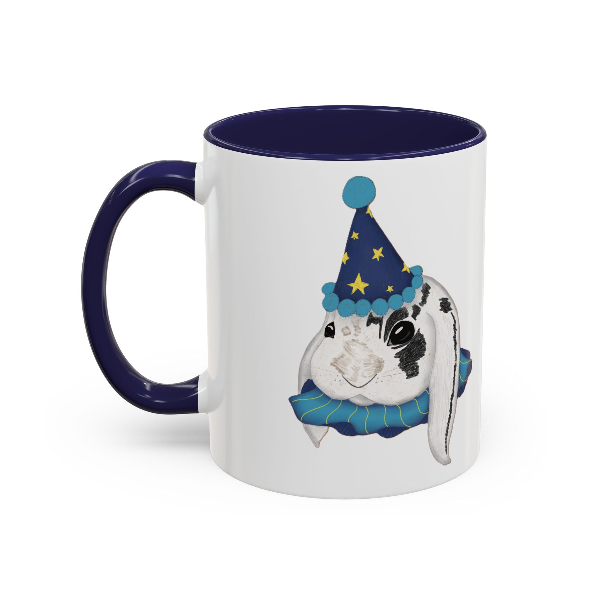 Mug with a rabbit wearing a pointed hat design on a white background
