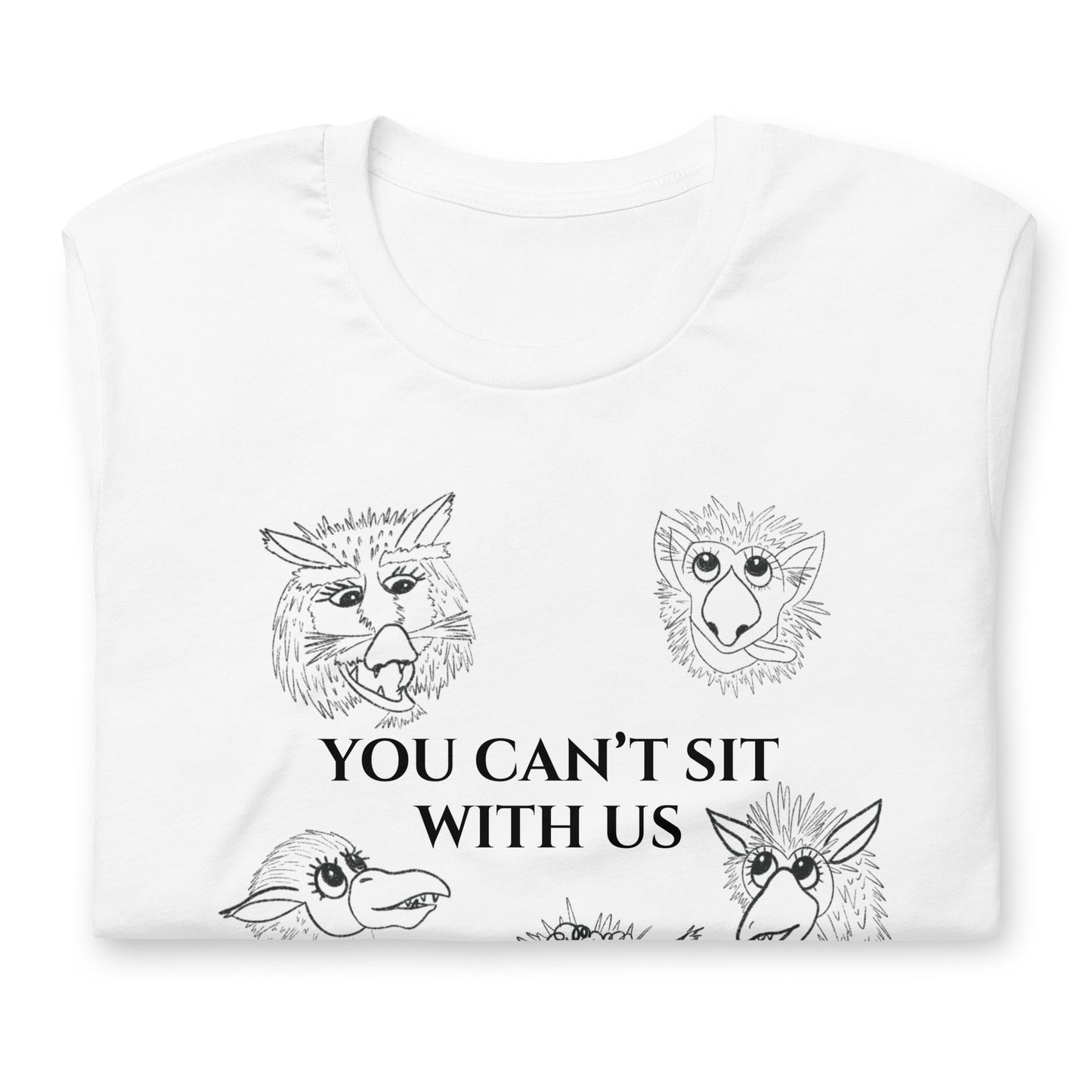 White t-shirt with black animal illustrations and text on a white background