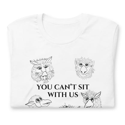 White t-shirt with black animal illustrations and text on a white background