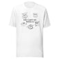 White t-shirt with black graphic design and text on a white background