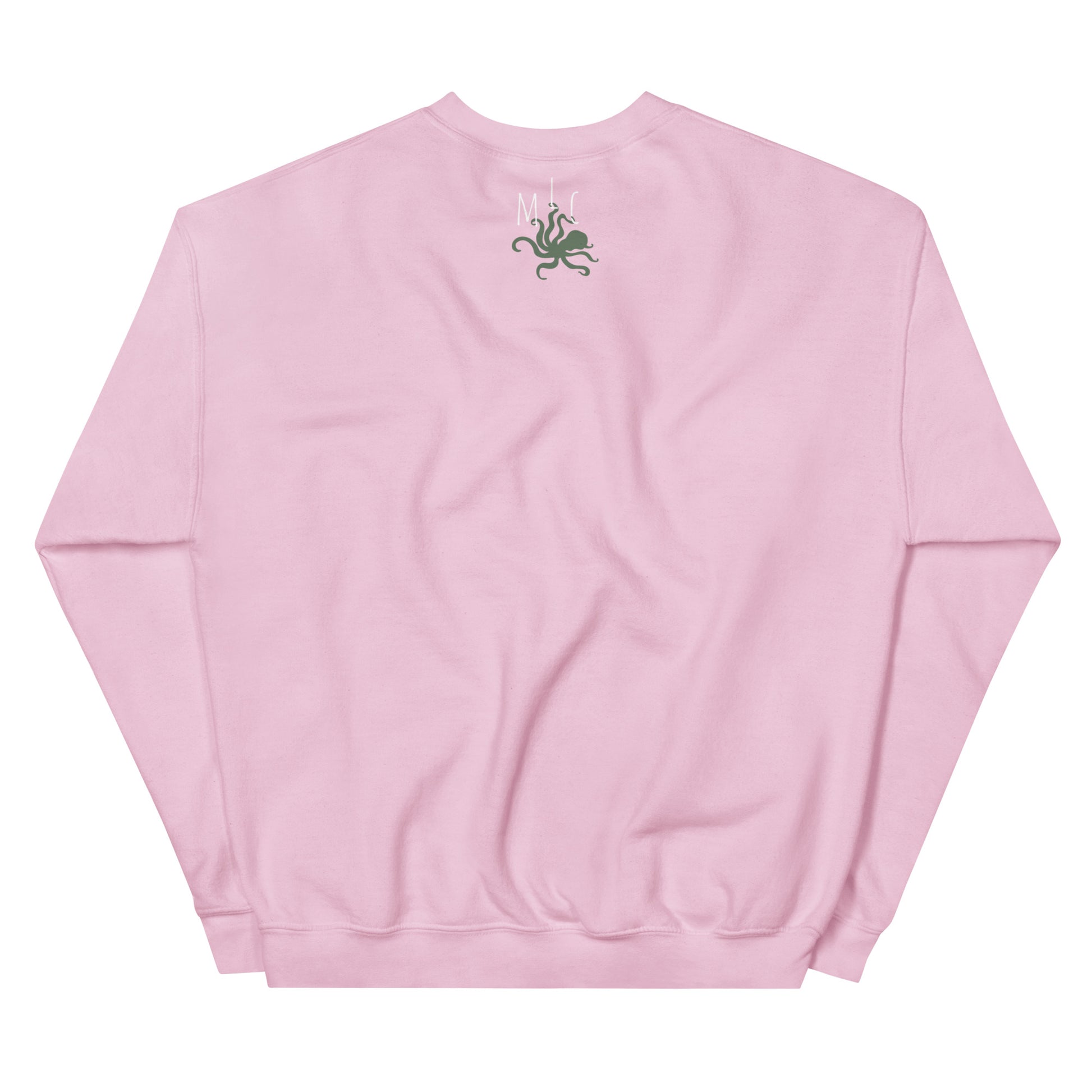 Pink sweatshirt with a small green graphic of the mama love crafts logo on the back against a white background
